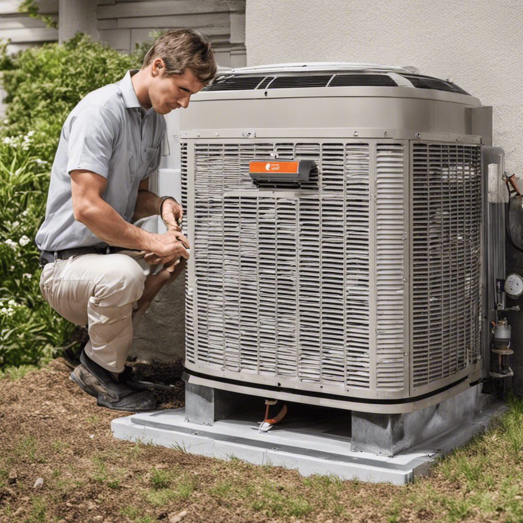 A man inspecting an air conditioner in front of a house.
